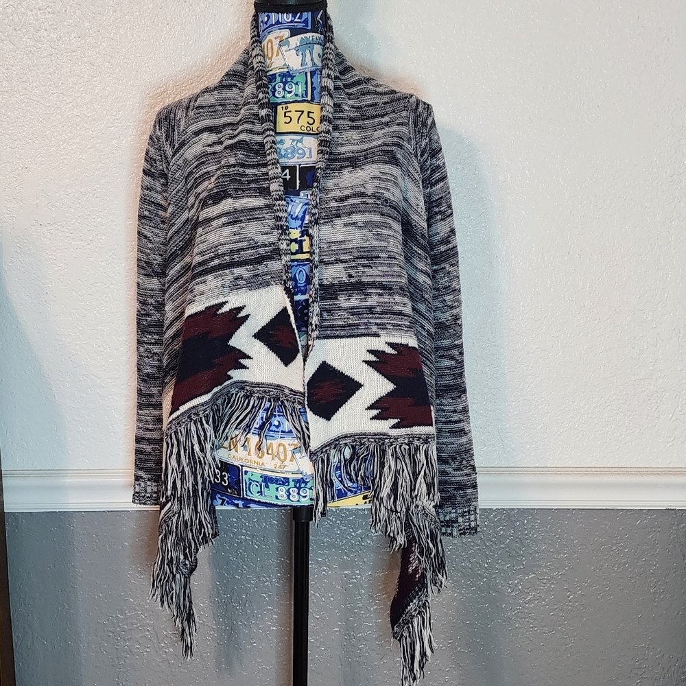 Arizona Jean Co Cardigan Sweater Womens M Open Drape Front Fringe Long Sleeve
